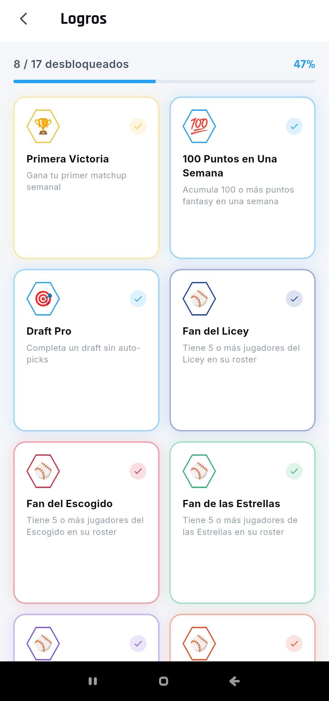 Grid de logros desbloqueados y bloqueados