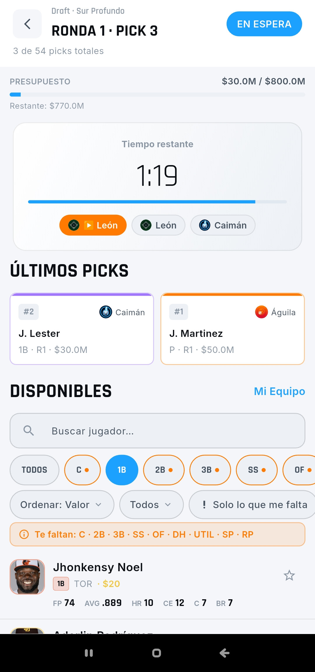 Sala de draft en vivo de Dugout RD con el timer y el presupuesto restante