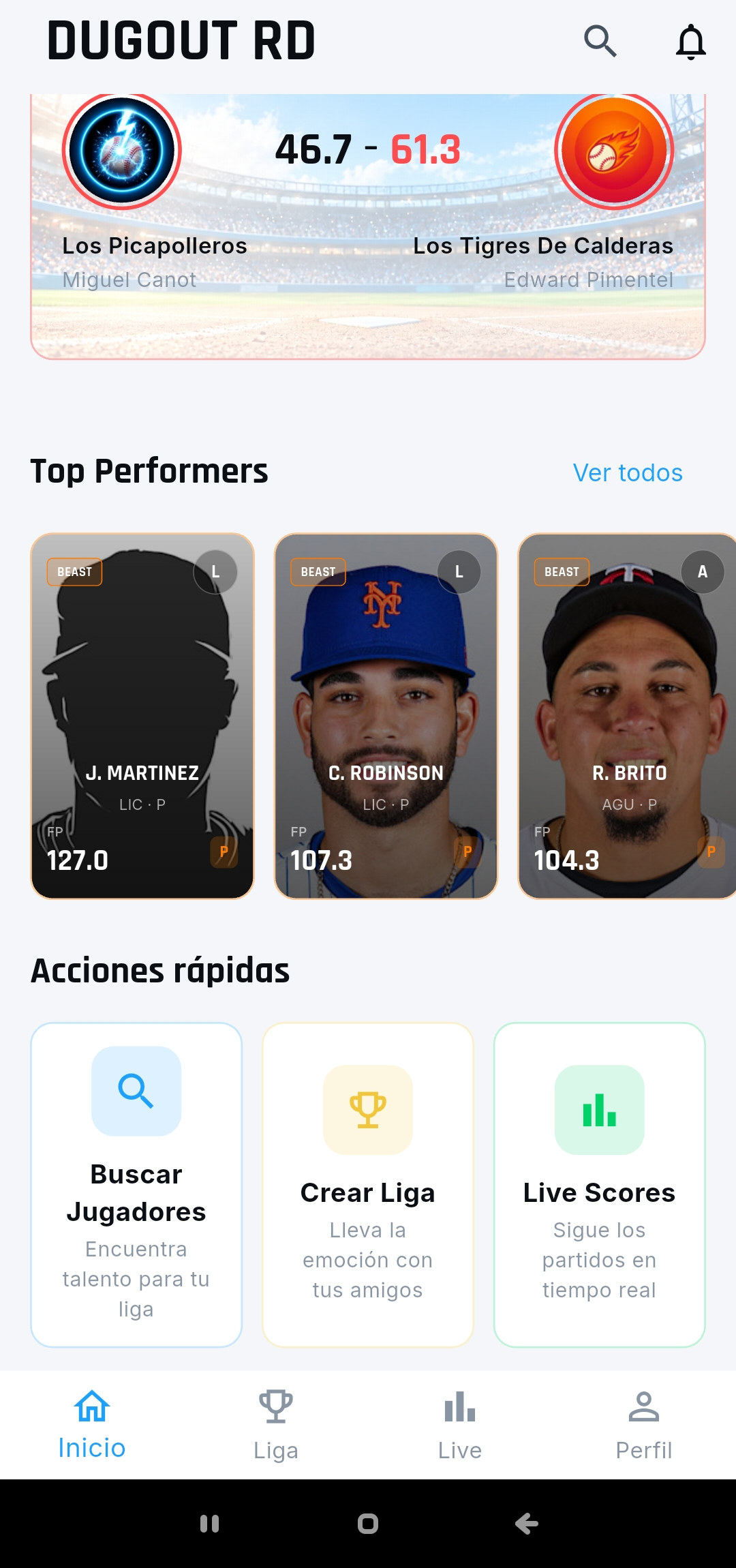 Inicio con el matchup en curso, top performers y acciones rápidas