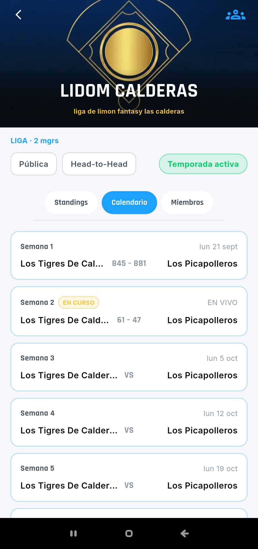 Calendario de la temporada de una liga, semana por semana