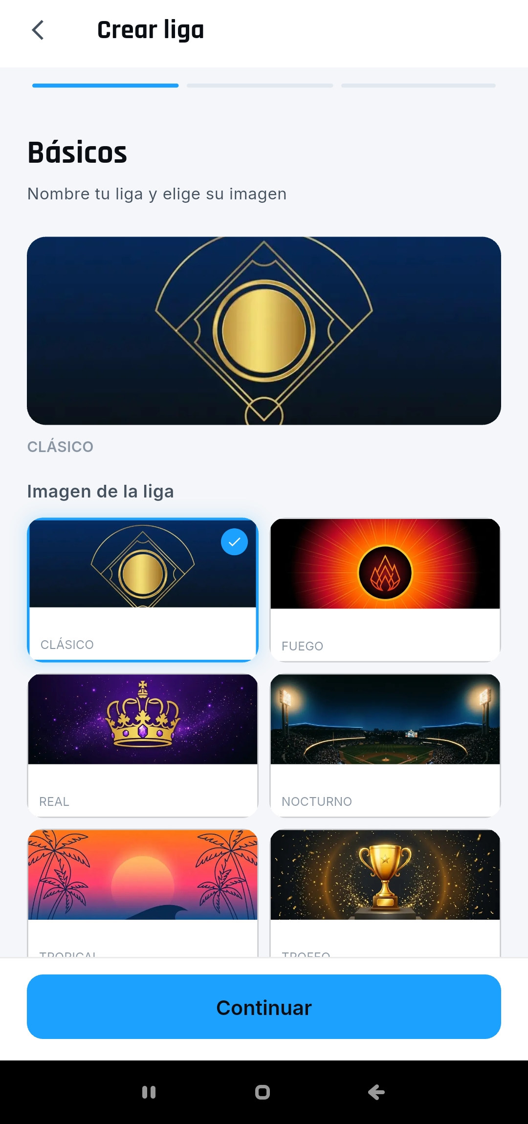 Wizard para crear una liga nueva, con banners para elegir