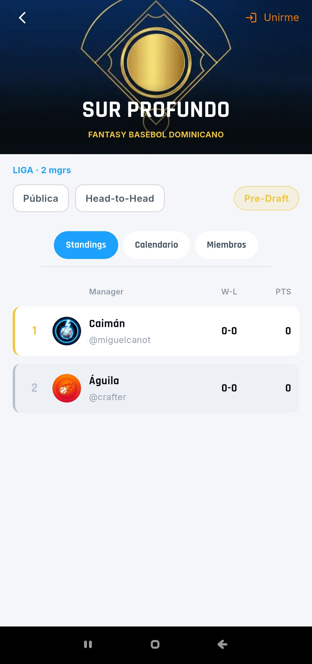 Tabla de posiciones de una liga por puntos en Dugout RD