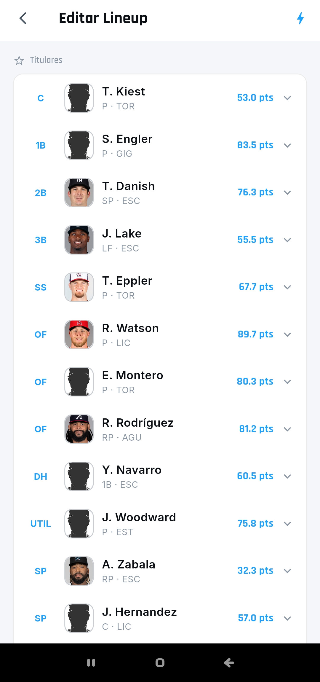 Editor de lineup con titulares por posición