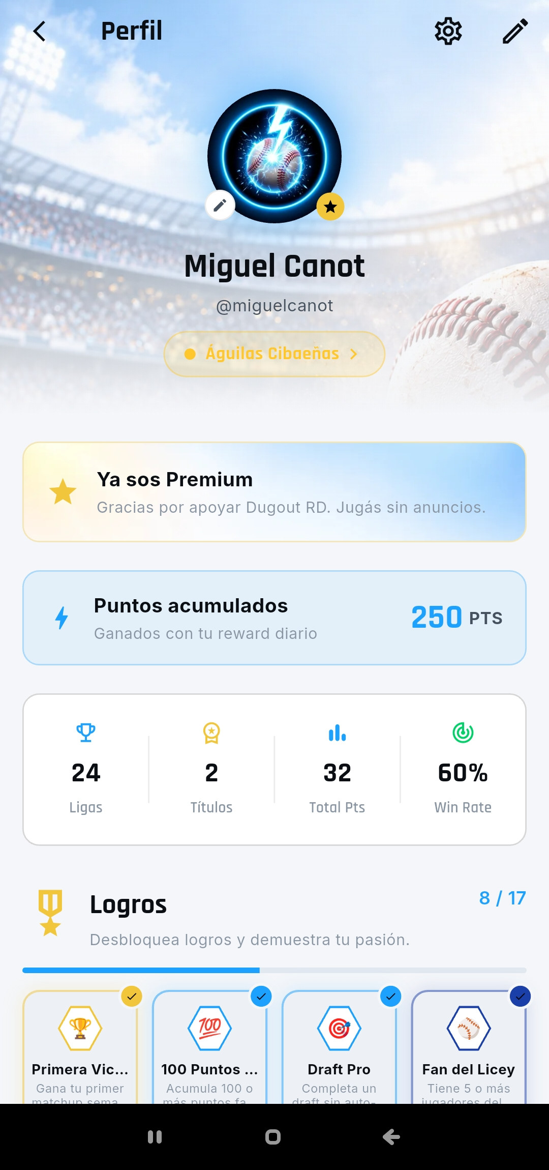 Perfil del usuario con estadísticas y logros