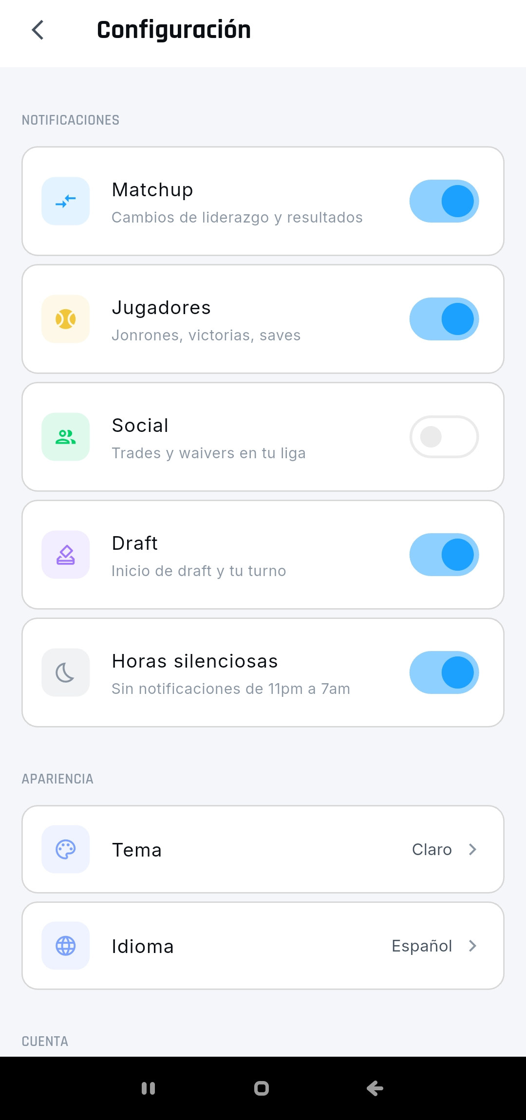 Configuración de notificaciones, tema e idioma