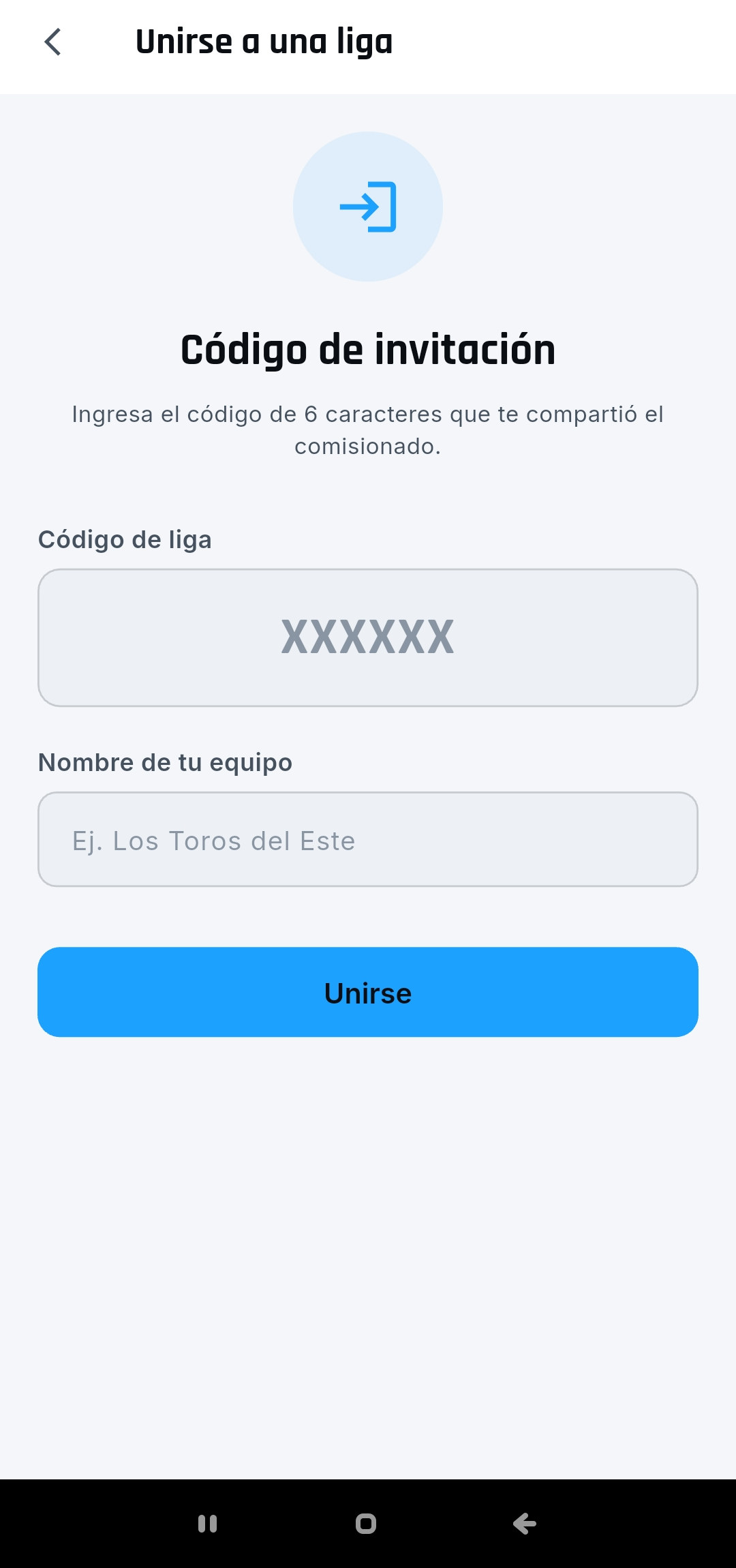 Pantalla para unirse a una liga con un código de invitación